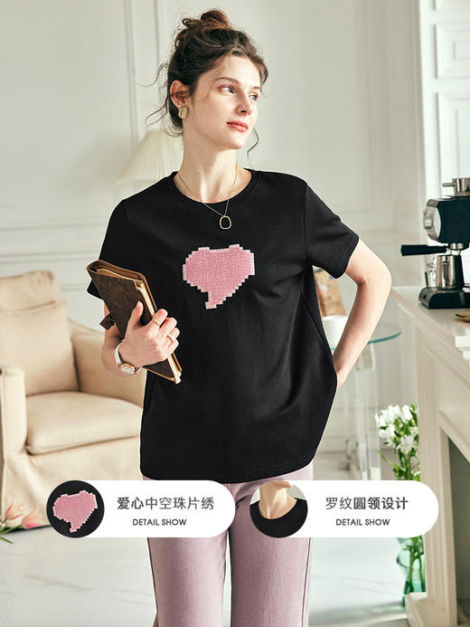 OLrain欧芮儿法式黑色短袖T恤女夏季2023新款宽松爱心珠片绣上衣 商品图1