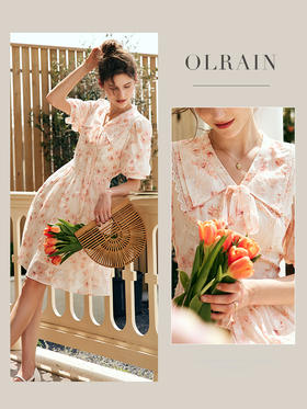 OLrain欧芮儿法式V领碎花雪纺连衣裙女夏季2023新款收腰刺绣裙子