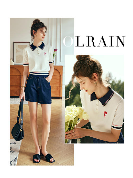 OLrain欧芮儿法式米白色polo针织衫女夏季2023新款宽松学院风上衣 商品图1