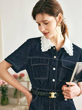 OLrain欧芮儿法式牛仔连衣裙女夏季2023新款收腰蕾丝领撞色A字裙