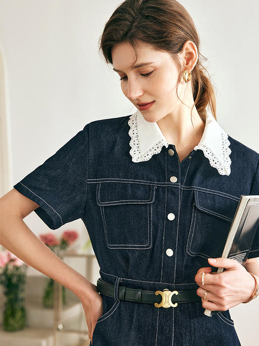 OLrain欧芮儿法式牛仔连衣裙女夏季2023新款收腰蕾丝领撞色A字裙 商品图0