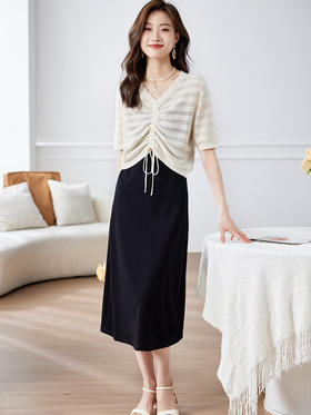 【专属特价】熙世界小香风显高套装女夏天针织上衣黑色吊带连衣裙子时尚两件套