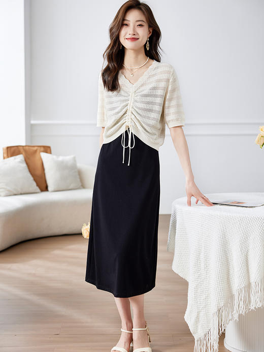 【专属特价】熙世界小香风显高套装女夏天针织上衣黑色吊带连衣裙子时尚两件套 商品图0