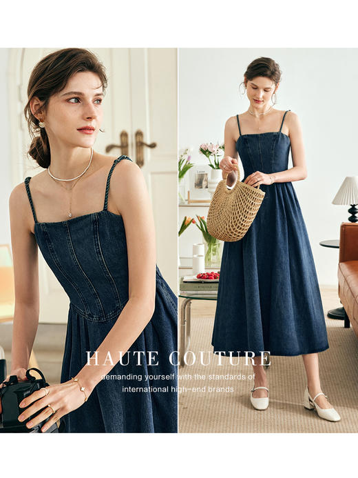 OLrain欧芮儿法式牛仔吊带连衣裙女夏季2023年新款收腰复古背心裙 商品图2