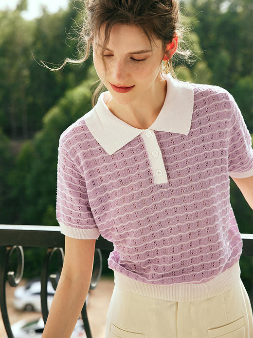 OLrain欧芮儿法式polo条纹针织衫女女夏季2023新款撞色冰丝套头衫 商品图3