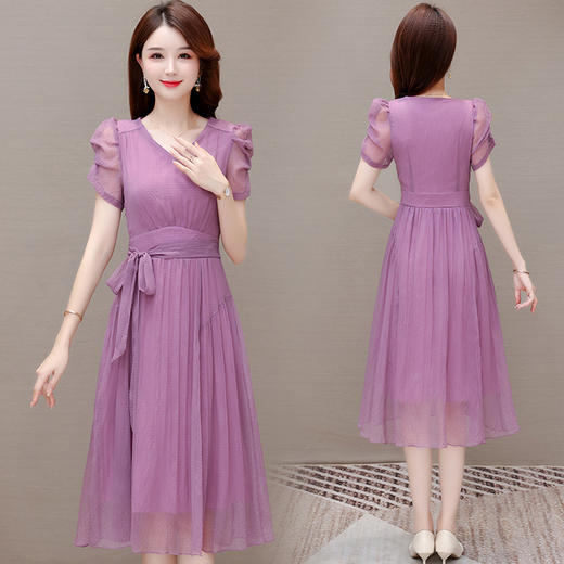 QYM 23A72-Y时尚连衣裙纯色腰带裙中长款褶皱雪纺 商品图1