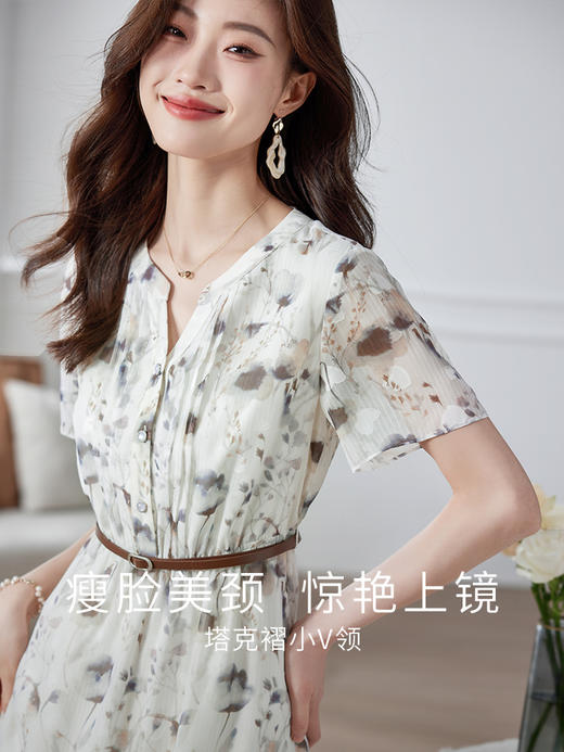 【专属特价】熙世界水墨花色复古连衣裙女2025新款夏季法式桔梗气质收腰小裙子 商品图2