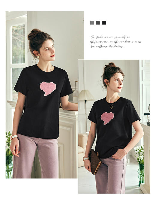 OLrain欧芮儿法式黑色短袖T恤女夏季2023新款宽松爱心珠片绣上衣 商品图2