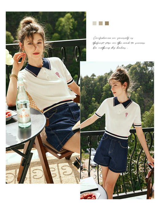 OLrain欧芮儿法式米白色polo针织衫女夏季2023新款宽松学院风上衣 商品图2