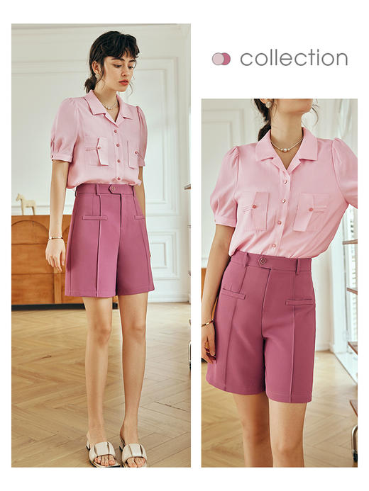 OLrain欧芮儿法式树莓粉休闲裤女夏季2023年新款高腰直筒西装短裤 商品图0
