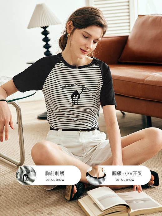 OLrain欧芮儿法式条纹短袖T恤女夏季2023年新款美式刺绣撞色上衣 商品图1