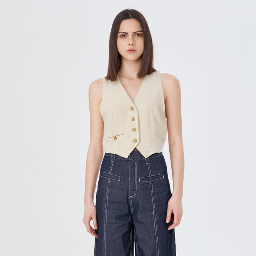 Self WhoOL风冰凉感短款收腰显瘦小众特殊面料米贝色无袖马夹女 商品图4