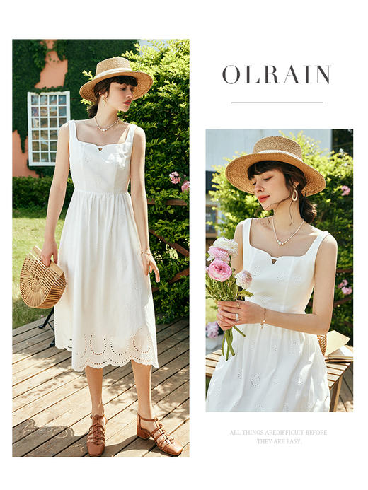 OLrain欧芮儿法式白色吊带连衣裙女夏季2023年新款收腰刺绣A字裙 商品图0