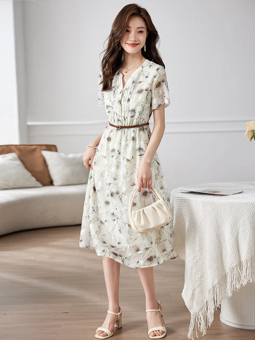 【专属特价】熙世界水墨花色复古连衣裙女2025新款夏季法式桔梗气质收腰小裙子 商品图0