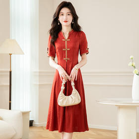 夏季新款，复古盘扣假两件中长裙时尚气质女装A字裙橘色连衣裙QYM-TB-CY1446-Y
