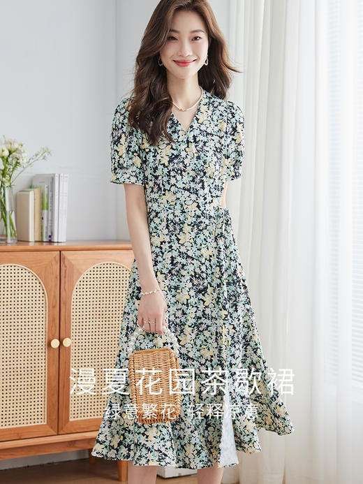 【专属特价】熙世界茶歇法式连衣裙女2025夏天新款气质收腰泡泡袖雪纺碎花裙子 商品图1