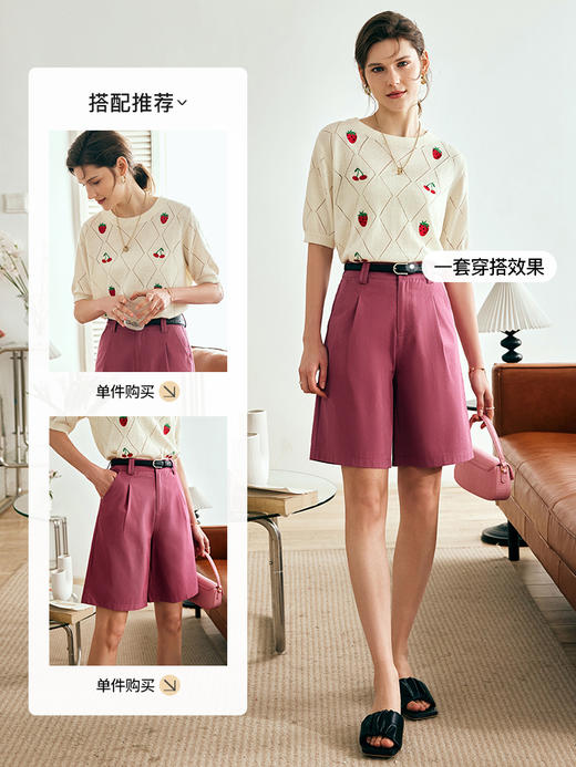 OLrain欧芮儿法式玫红色休闲裤女夏季2023新款高腰直筒阔腿五分裤 商品图3