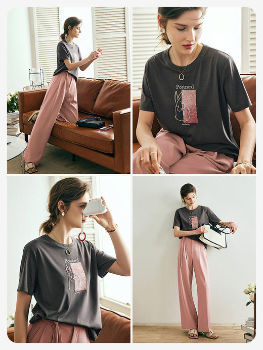 OLrain欧芮儿法式深灰色短袖T恤女夏季2023新款宽松重工刺绣上衣 商品图2