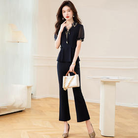 QYMTB-CY1407-Y职业女装两件套短袖修身打底衫高腰喇叭裤九分裤夏季新款套装