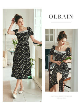 OLrain欧芮儿法式方领碎花连衣裙女夏季2023年新款收腰泡泡袖裙子