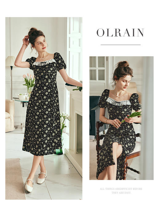 OLrain欧芮儿法式方领碎花连衣裙女夏季2023年新款收腰泡泡袖裙子 商品图0
