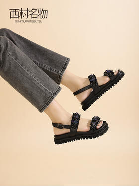 西村名物2023夏季新款平底凉鞋女法式一字带休闲沙滩凉拖23521