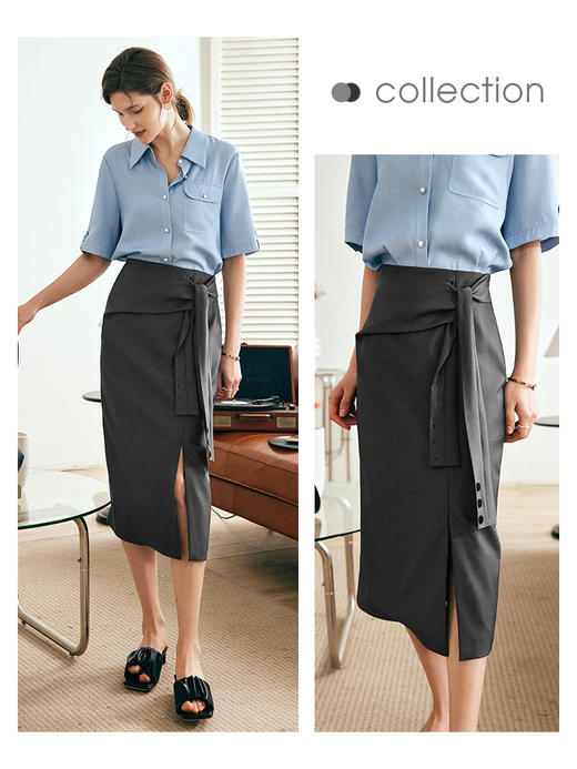 OLrain欧芮儿法式深灰色半身裙女夏季2023新款高腰气质绑带开叉裙 商品图0