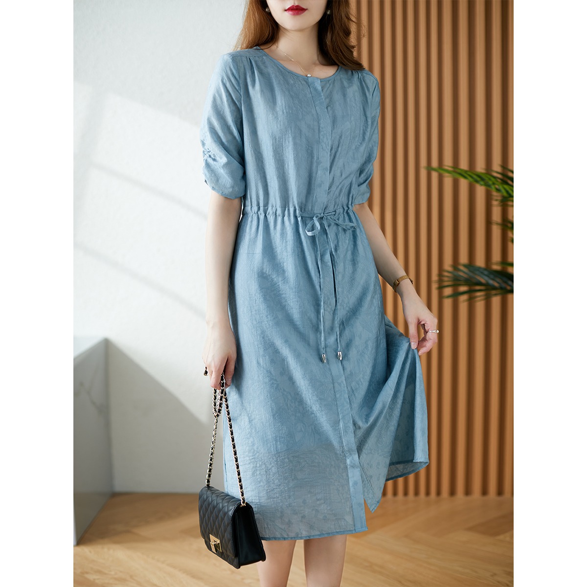 YX【现货7天】莱赛尔连衣裙女中长款2024夏季新款韩版收腰显瘦气质a字裙子