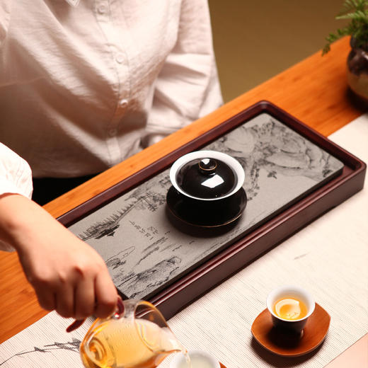 祥福 无垠茶盘 现代乌金石高端家用干泡台茶台茶具茶海茶盘 干泡盘重竹加石材62*23 商品图5