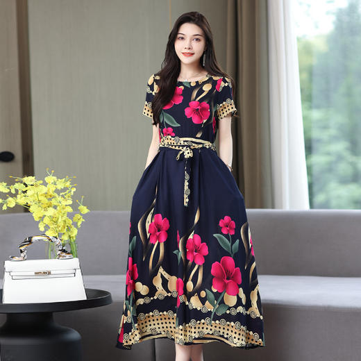 HS-1817棉绸连衣裙女夏碎花大码显瘦中长款裙子 商品图6