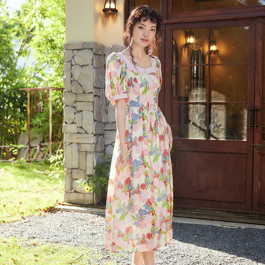 两三事爱的誓言 夏季新款复古印花泡泡袖绑带a字连衣裙 商品图3