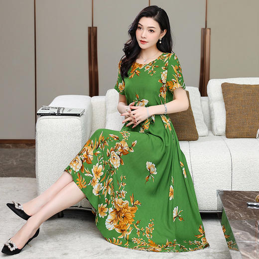 HS-1817棉绸连衣裙女夏碎花大码显瘦中长款裙子 商品图1