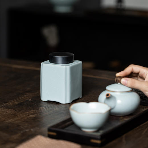丰子汝窑 圆方罐 茶叶罐 陶瓷茶叶罐存茶罐密封药粉罐礼盒包装 商品图5