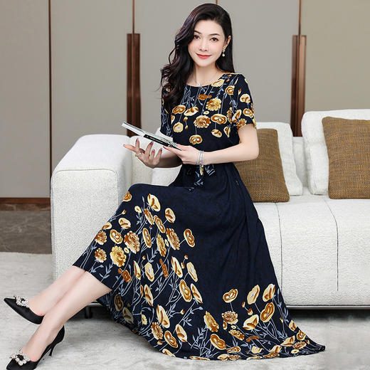 HS-1817棉绸连衣裙女夏碎花大码显瘦中长款裙子 商品图0