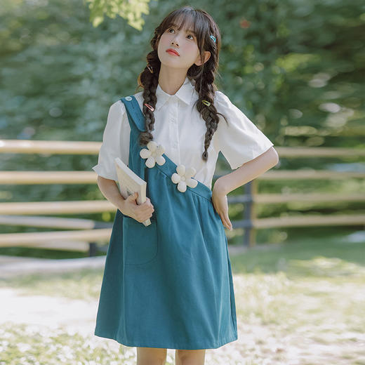 【单肩可爱减龄宽松显瘦新款背带裙】+立领短袖衬衣休闲两件套，甜美可爱小花设计清新简约，单肩带新颖潮流 商品图2