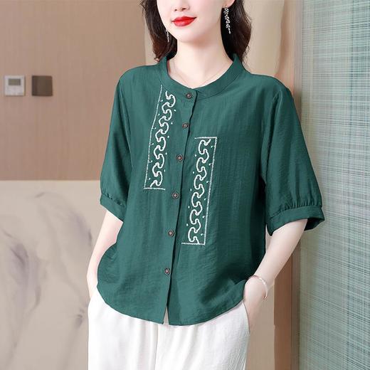 KQL-A83N6287绣花衬衫女装新款短袖棉麻上衣宽松大码休闲女士小衫 商品图2