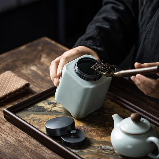 丰子汝窑 圆方罐 茶叶罐 陶瓷茶叶罐存茶罐密封药粉罐礼盒包装 商品图1