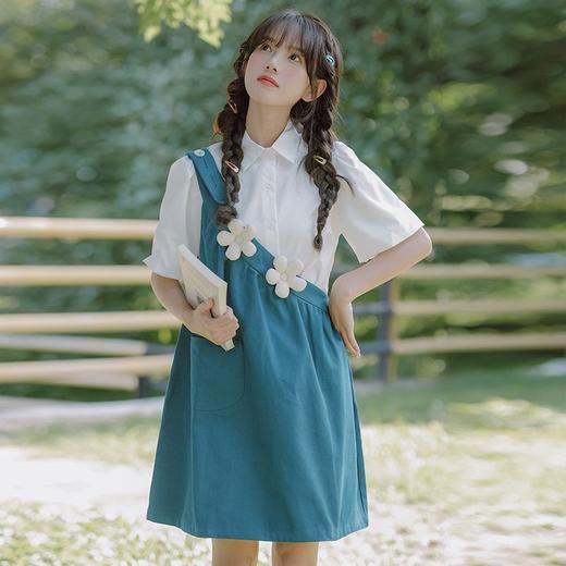 【单肩可爱减龄宽松显瘦新款背带裙】+立领短袖衬衣休闲两件套，甜美可爱小花设计清新简约，单肩带新颖潮流 商品图5