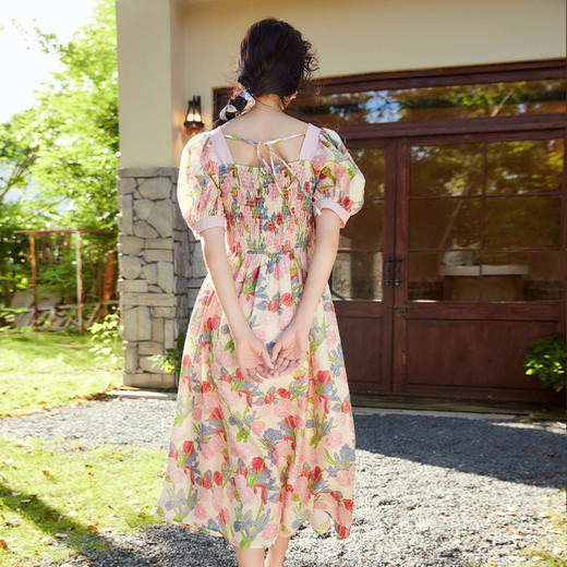 两三事爱的誓言 夏季新款复古印花泡泡袖绑带a字连衣裙 商品图4