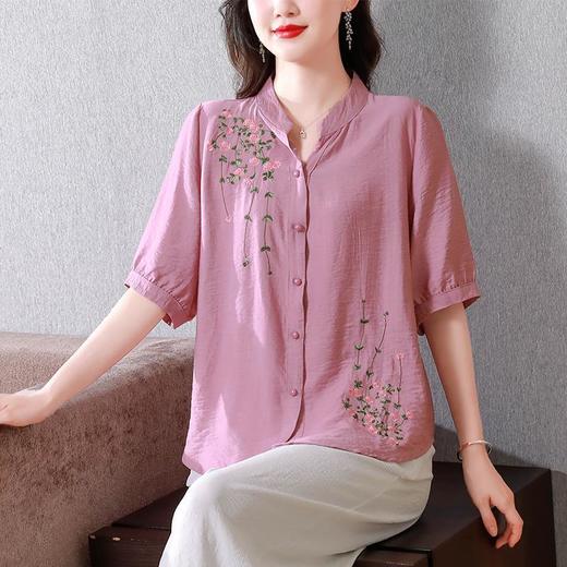 KQL-A83N6285绣花衬衫女装新款短袖棉麻上衣宽松大码休闲女士小衫 商品图0