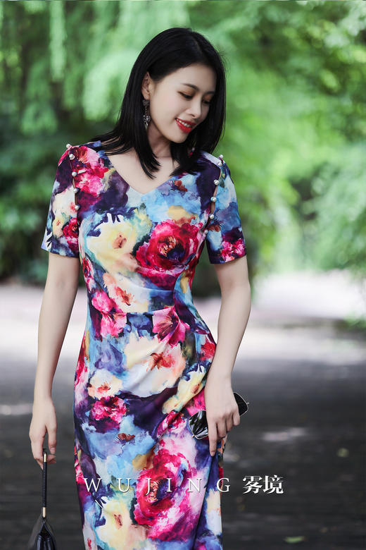 【雾境定制款】 桃花树开原创花色优雅女人味修身显瘦可拆卸袖子两穿 连衣裙 3022147 商品图0