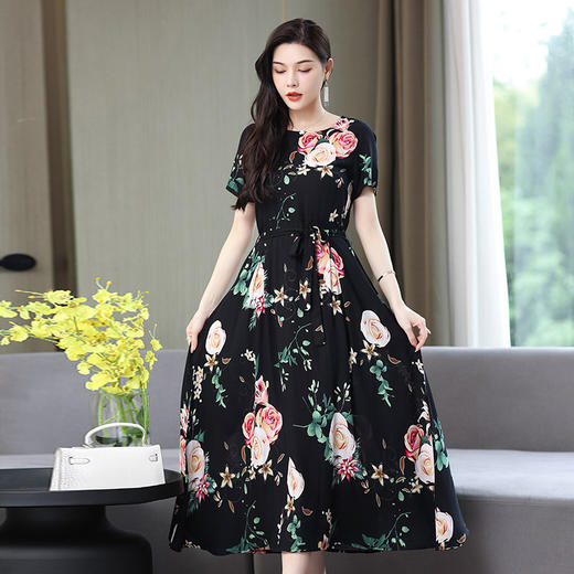 HS-1817棉绸连衣裙女夏碎花大码显瘦中长款裙子 商品图7