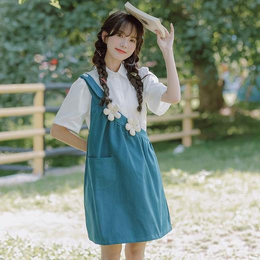 【单肩可爱减龄宽松显瘦新款背带裙】+立领短袖衬衣休闲两件套，甜美可爱小花设计清新简约，单肩带新颖潮流 商品图1
