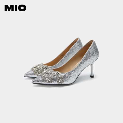 MIO米奥秋季新璀璨闪钻尖头细跟银色高跟鞋婚鞋单鞋女鞋M234401082 商品图3