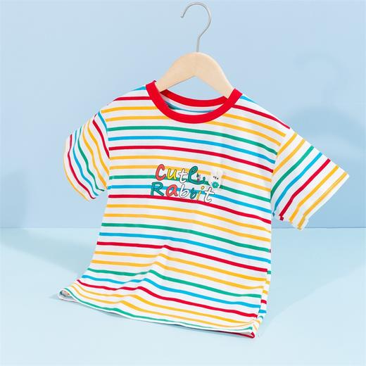 贝贝怡童装女童彩色条纹短袖女宝宝英文字母印花上衣女孩百搭T恤 商品图4
