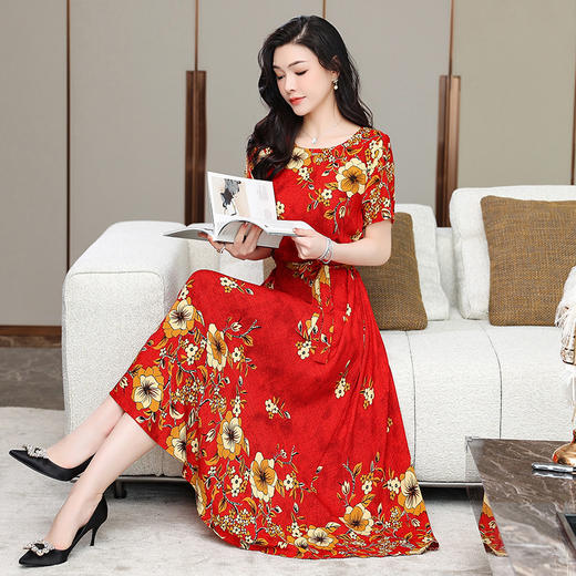 HS-1817棉绸连衣裙女夏碎花大码显瘦中长款裙子 商品图2