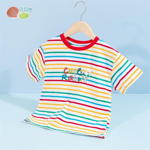 贝贝怡童装女童彩色条纹短袖女宝宝英文字母印花上衣女孩百搭T恤 商品图2