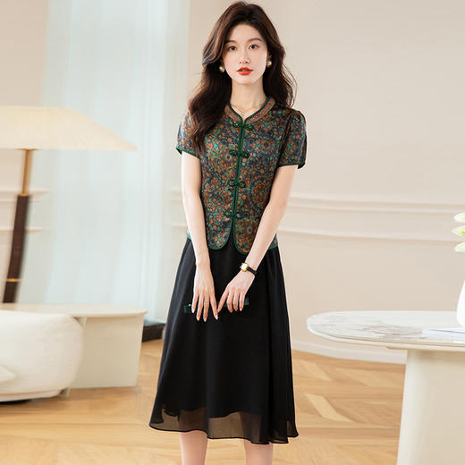 QYM CY1576-Y时尚连衣裙中长款A字裙复古印花两件套 商品图0