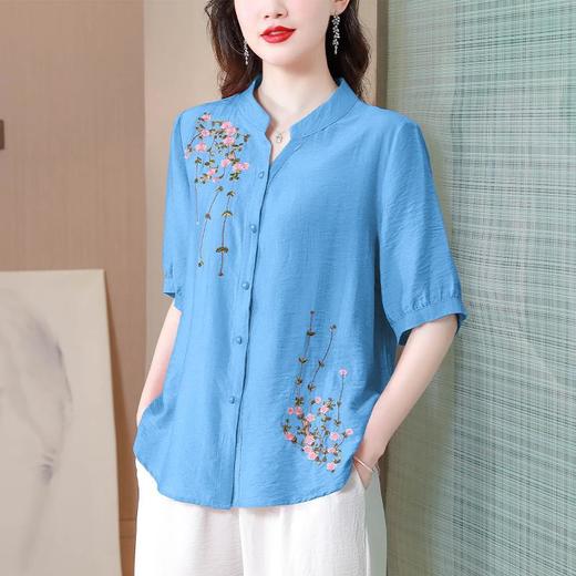 KQL-A83N6285绣花衬衫女装新款短袖棉麻上衣宽松大码休闲女士小衫 商品图2