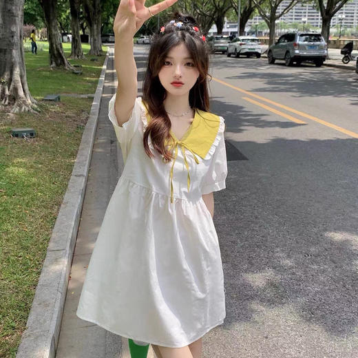 【减龄拼接撞色娃娃领连衣裙】2023夏季新款甜美洋气少女感a字短裙，显瘦甜美穿搭，时尚简约出街必备 商品图2
